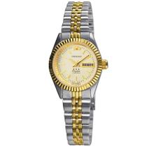 Relogio Orient Feminino Automatico 3 estrelas pequeno dourado prata de aço inox bicolor calendario 559EB3NH C1SK