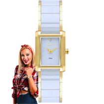 Relógio Orient Feminino Cerâmica Pequeno Quadrado Prova Dágua 50 Metros Aço Inóx Analógico Dourado LTSK0004 B1KB