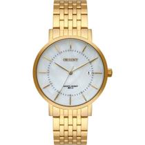 Relogio Orient Feminino dourado mostrador branco minimalista folheado banhado a prova dagua com calendário FGSS1164 B1KX