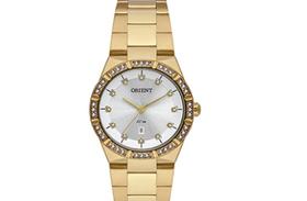 Relogio Orient feminino dourado pequeno calendario aço inox FGSS1239 S1KX