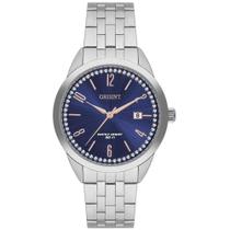 Relogio Orient feminino prata azul grande cravejado prateado