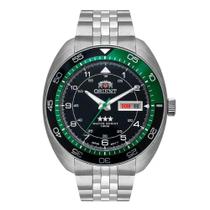 Relógio Orient Masculino Automático - Prata com Mostrador Preto Coroa Verde e Calendário