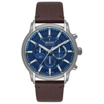 Relógio Orient Masculino Cronógrafo - Prata com Mostrador Azul e Pulseira de Couro Marrom