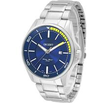Relógio Orient Masculino De Pulso Analógico Casual Clássico Quartz Prateado Em Aço Inoxidável A Prova Dágua em 50 Metros Fundo Azul Original