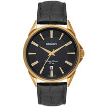 Relogio Orient Masculino dourado mostrador preto pulseira de couro social executivo minimalista MGSC1010 P1PX