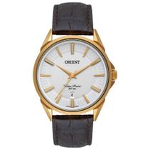 Relogio Orient Masculino dourado pulseira couro social calendario MGSC1010 S1NX