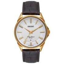 Relogio Orient Masculino dourado pulseira de couro mostrador branco social executivo com calendario MGSC1010 S1NX