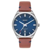 Relógio Orient Masculino Eternal - Prata com Mostrador Azul e Pulseira de Couro Marrom