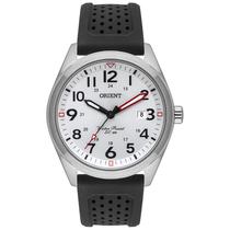 Relogio Orient Masculino prata branco esportivo de aço pulseira de borracha silicone com números e calendário a prova dágua MBSP1028 S2PX