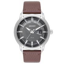 Relogio Orient Masculino prata calendario pulseira de couro marrom MBSC1039 G1NX