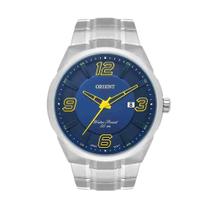 Relógio Orient Masculino - Prata com Mostrador Azul Detalhes em Amarelo e Calendário