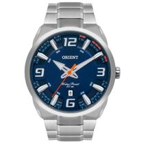 Relógio Orient Masculino - Prata com Mostrador Azul Detalhes Laranja e Calendário