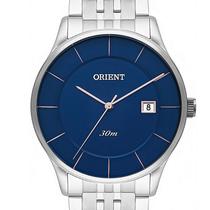 Relogio Orient Masculino prata slim fino minimalista fundo Azul Mbss1293 D1sx