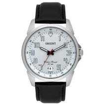 Relogio Orient Masculino pulseira de couro fundo branco com numeros MBSC1031 S2PX