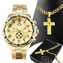 Relógio Orizom Masculino Dourado + Corrente Ouro