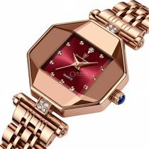Relógio Ouro Rosé Feminino Mostrador Octogonal Estilo Inovador