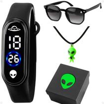Relogio Ovni Led Et Infantil + Caixa + Oculos Sol + Colar social led presente verde proteção uv acetato criança digital Relogio Ovni Led Et Infantil + Caixa + Oculos Sol + Colar social led presente verde proteção uv acetato criança digital