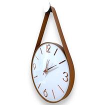 Relógio P. Branco 30cm (Silencioso), algarismos 3D cardinais cor Rosé, alças de couro cor Caramelo. - MODART
