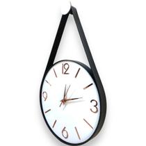 Relógio P. Branco 30cm Silencioso, algarismos 3D cardinais cor Rosé, alças em Couro cor Preta. - MPDART