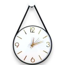 Relógio Parede Adnet 30cm Branco (silencioso), algarismos cardinais 3D Dourados, Cinta couro preto.