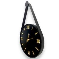 Relógio Parede Adnet 30cm (Silencioso) Preto, Alças Couro Preto, Algarismos Romanos Dourados.