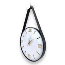 Relógio Parede Adnet 30cmk Branco (Silencioso), Algarismo Romanos 3D Dourados, Alças Couro Preto.