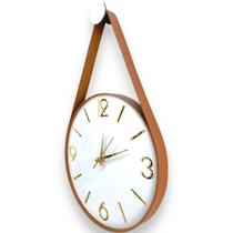 Relógio parede branco Adnet 30cm (Silencioso),algarismos 3D Cardinais Dourados,Alças Couro Caramelo.