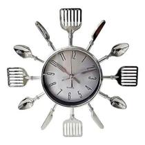 Relógio Parede P/ Cozinha Formato Talheres Quartz Prata - Coisaria