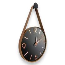 Relógio Parede preto Adnet 30cm (Silencioso), algarismos 3D cardinais Rosé, Alças couro caramelo.