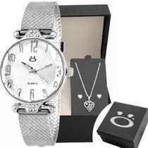 Relogio prata aço feminino + colar coração brinco social qualidade premium inoxidável casual presente original ponteiro