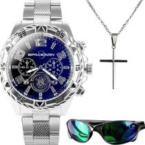 Relogio prata aco inox masculino + cordao cruz azul catolico protecao uv verde qualidade premium casual social presente