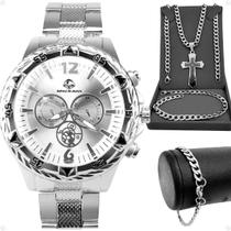 Relogio Prata Aço Masculino + Pulseira presente religioso original qualidade premium pesado oracao pai nosso robusto