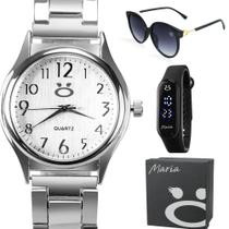 Relógio Prata Analógico Feminino Quartz + Kit Óculos Mirror Original + Relogio Bracelete Presente - Orizom