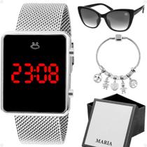 Relógio Prata Digital Led Feminino Pulso Silicone + Pulseira Berloque + Óculos Sol