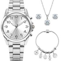 Relogio Prata Feminino Aco Inox + Pulseira + Brincos Colar social casual inoxidável prateado presente pingente delicado