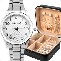 Relogio Prata Feminino Aco + Pulseira Colar inoxidavel casual social presente original