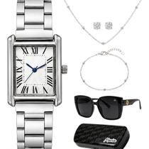 Relogio prata feminino + brinco + colar pulseira aço presente quadrado inoxidavel casual combo prateado case kit preto