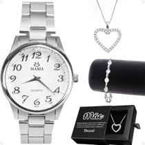 Relógio prata feminino + colar coração + pulseira