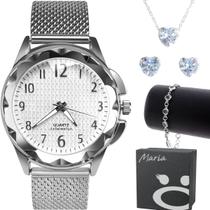 relogio prata feminino prova dagua + pulseira + colar brinco original ajustavel qualidade premium presente silicone moda