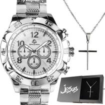 Relogio prata inox aço prova dagua + cordão cruz + caixa robusto original social inoxidavel catolico pesado presente