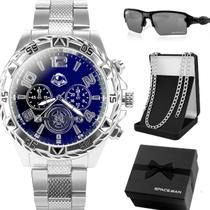 relogio prata masculino aco inox + cordao corrente + oculos protecao uv presente pesado robusto inoxidavel grumet grande