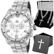 relogio prata masculino + cordao crucifixo grumet + caixa presente ponteiro robusto pesado jesus religiao casual social