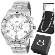 relogio prata masculino + cordao grumet crucifixo + caixa presente social qualidade premium pesado casual ponteiro