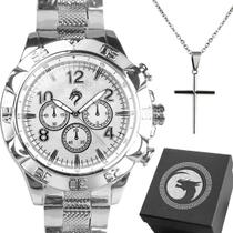 relogio prata masculino prova dagua + cordao cruz catolico aço inoxidavel original religioso presente crucifixo preto
