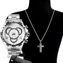 Relogio Prata Prova D'agua Masculino + correntinha pai nosso