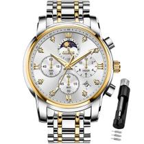 Relógio prateado OLEVS para homens, vestido de luxo, fase lunar, analógico, casual, masculino, clássico, comercial, aço inoxidável, impermeável, calendário luminoso, relógio de pulso