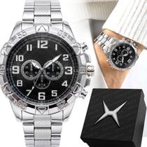 Relogio Premium Aco Inox Prata Masculino Qualidade mostrador preto analogico resistente presente social pesado casual