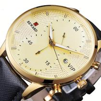 Relógio Preto Dourado de Luxo - Cronômetro com Pulseira de Couro