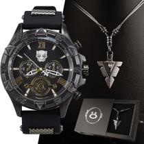 Relógio Preto Masculino Pantera Negra + Cordão Pingente Aço