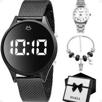 Relogio preto silicone feminino digital + pulseira resistente prata pingente casual original aco inoxidavel presente